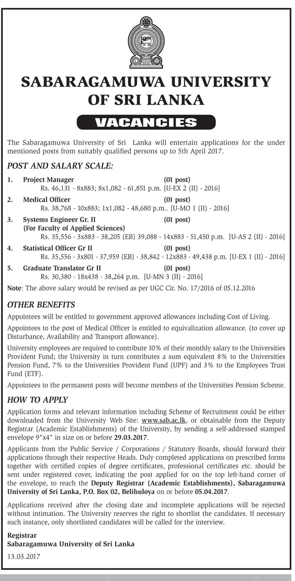 Project Manager, Medical Officer, Systems Engineer, Statistical Officer, Graduate Translator - Sabaragamuwa University